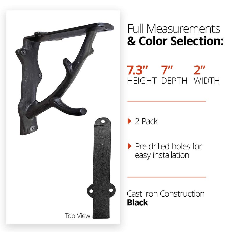 NACH Decorative Shelf Brackets, 2 Pack of 7 x 2 x 7.3 inch, Black Cast Iron Rustic Shelf Brackets - Metal Shelf Brackets for Wall - Tree Branch Shelf Bracket - Image 2